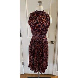 Nanette Lepore Size 2 High Neck Sleeveless Navy Pink Floral Pleated Dress Garden